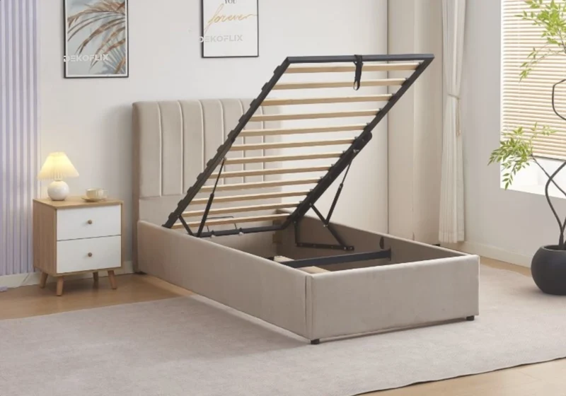 Ensemble lit coffre 90x190 velours taupe et matelas - Onora