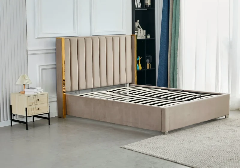 Lit coffre velours taupe doré avec sommier - Jade