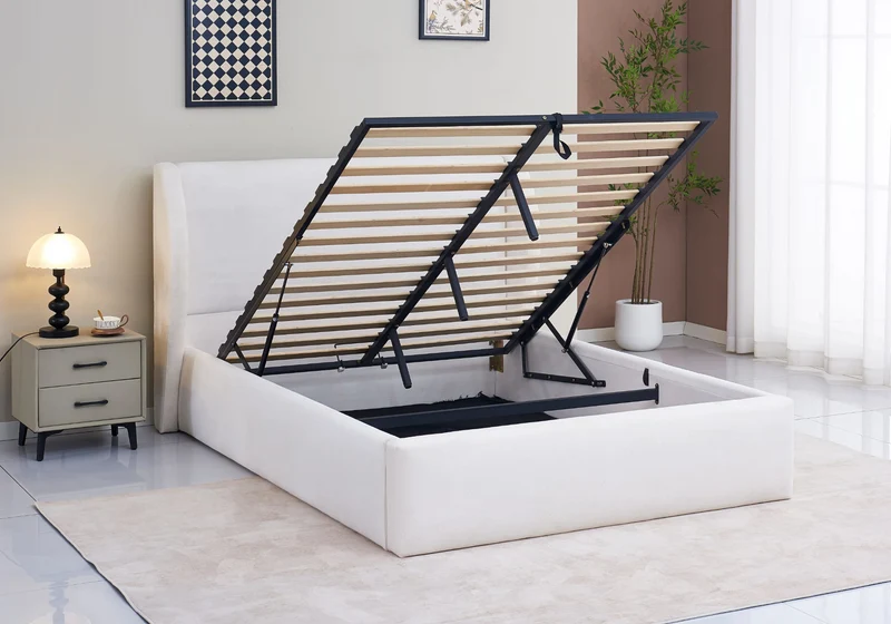 Ensemble lit coffre et matelas 30 cm beige - Aura