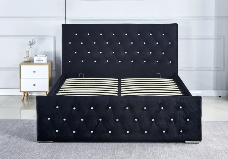Ensemble lit capitonné noir à strass et matelas ressorts - Anis