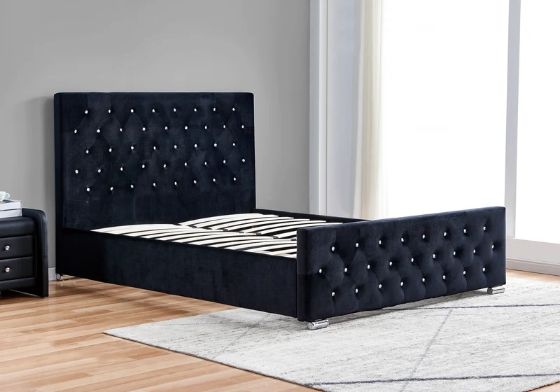 Ensemble lit capitonné noir à strass et matelas ressorts - Anis