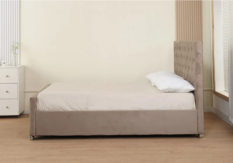 Ensemble lit capitonné taupe à strass et matelas ressorts - Anis