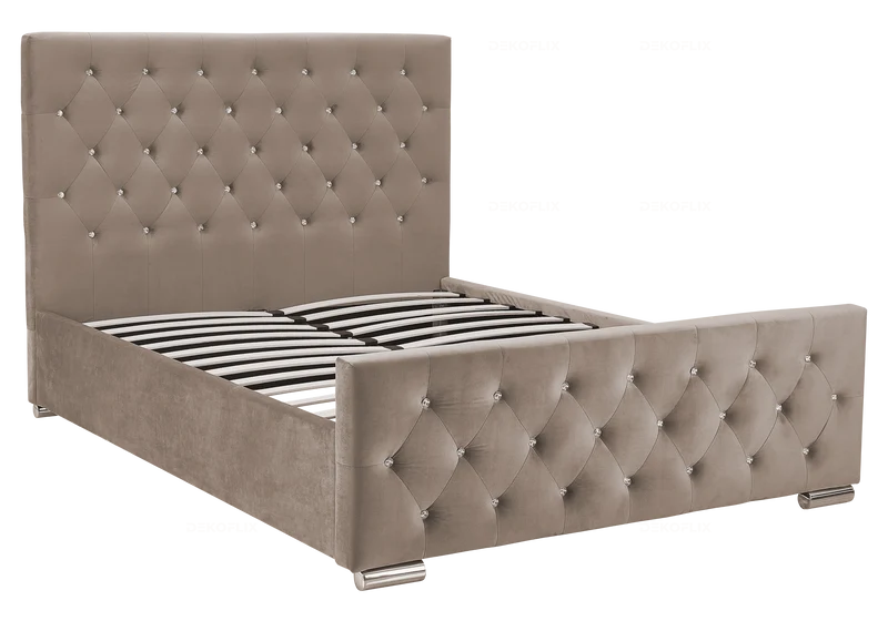 Ensemble lit capitonné taupe à strass et matelas ressorts - Anis