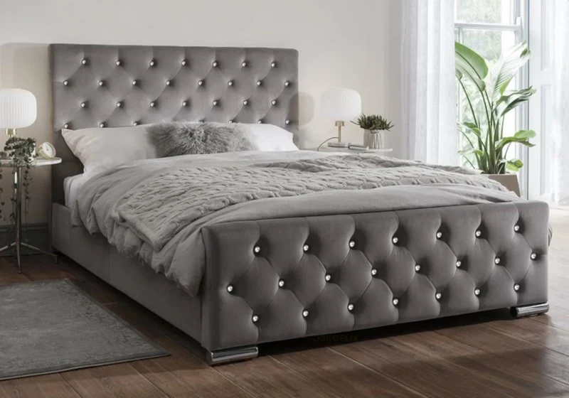 Ensemble lit capitonné gris à strass et matelas ressorts - Anis