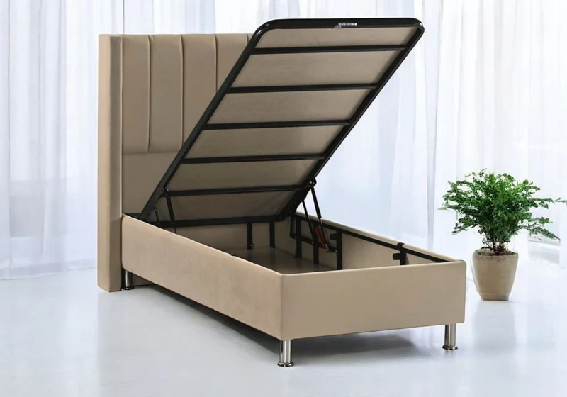 Ensemble lit coffre taupe et matelas ressorts 90x190 - Tokyo