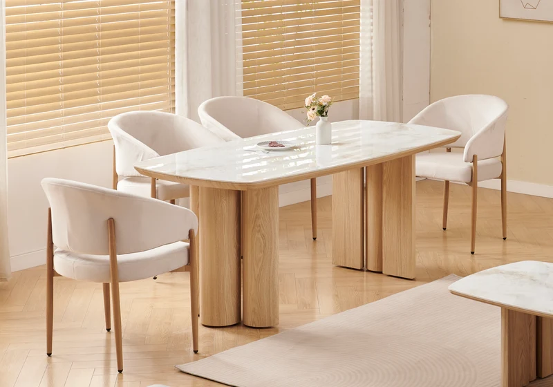 Salle à manger complète marbre beige et bois - Doria