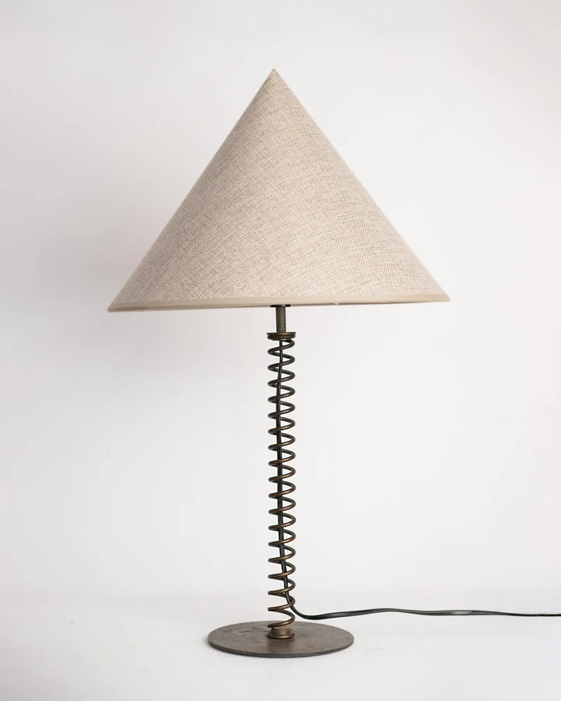 Coil Spring Table Lamp in Patinated Iron, European, 20th Century