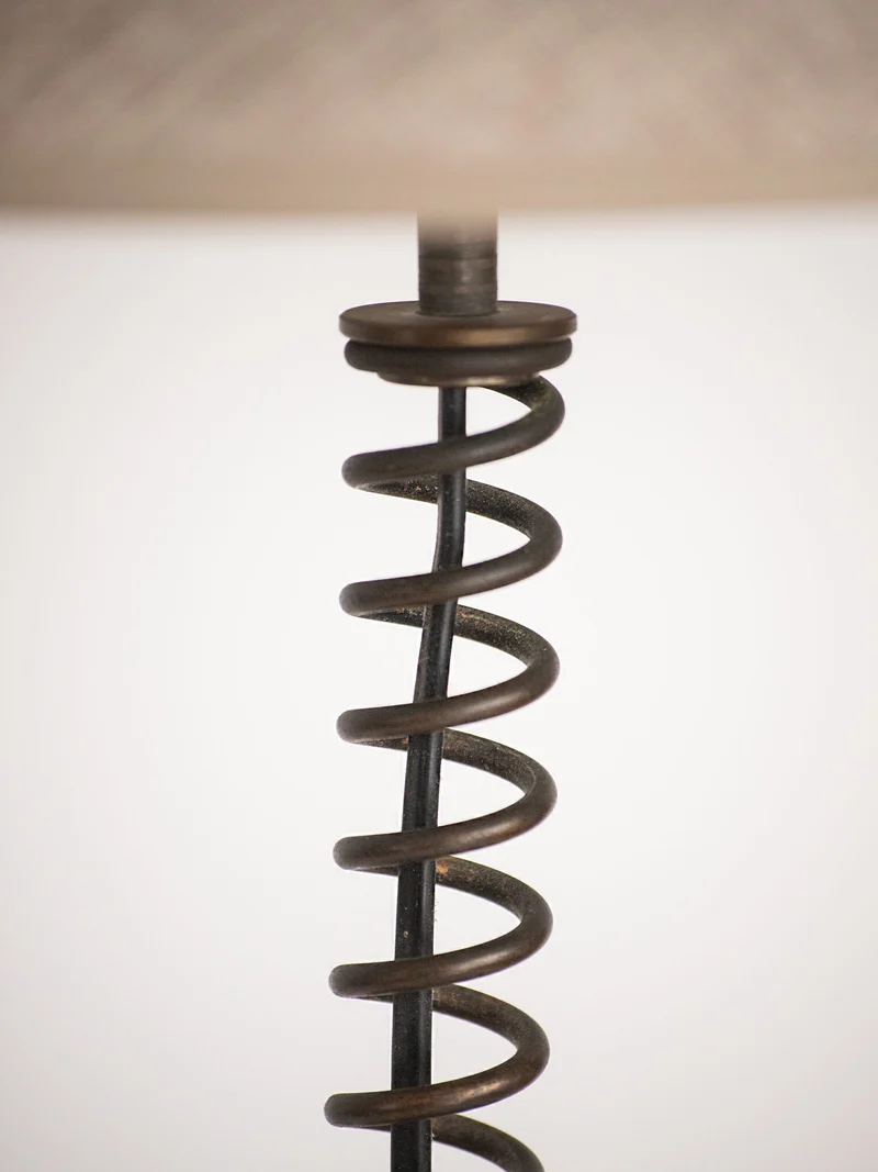 Coil Spring Table Lamp in Patinated Iron, European, 20th Century
