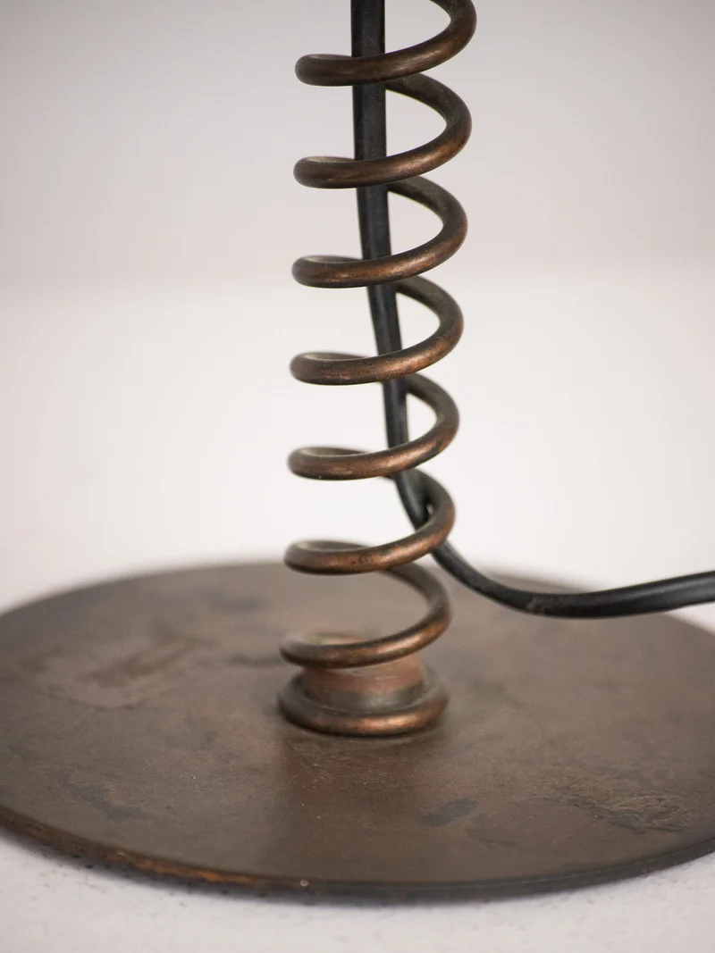 Coil Spring Table Lamp in Patinated Iron, European, 20th Century