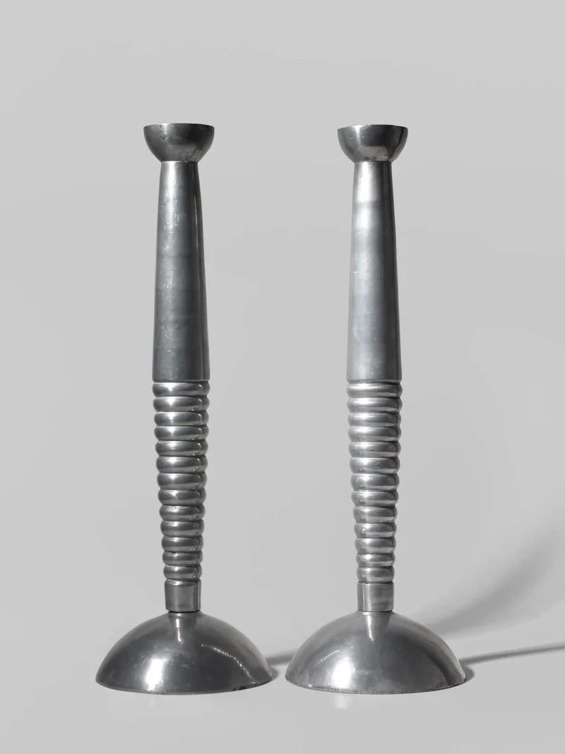 Pair Of Massive Rimmed Aluminum Candle Holders