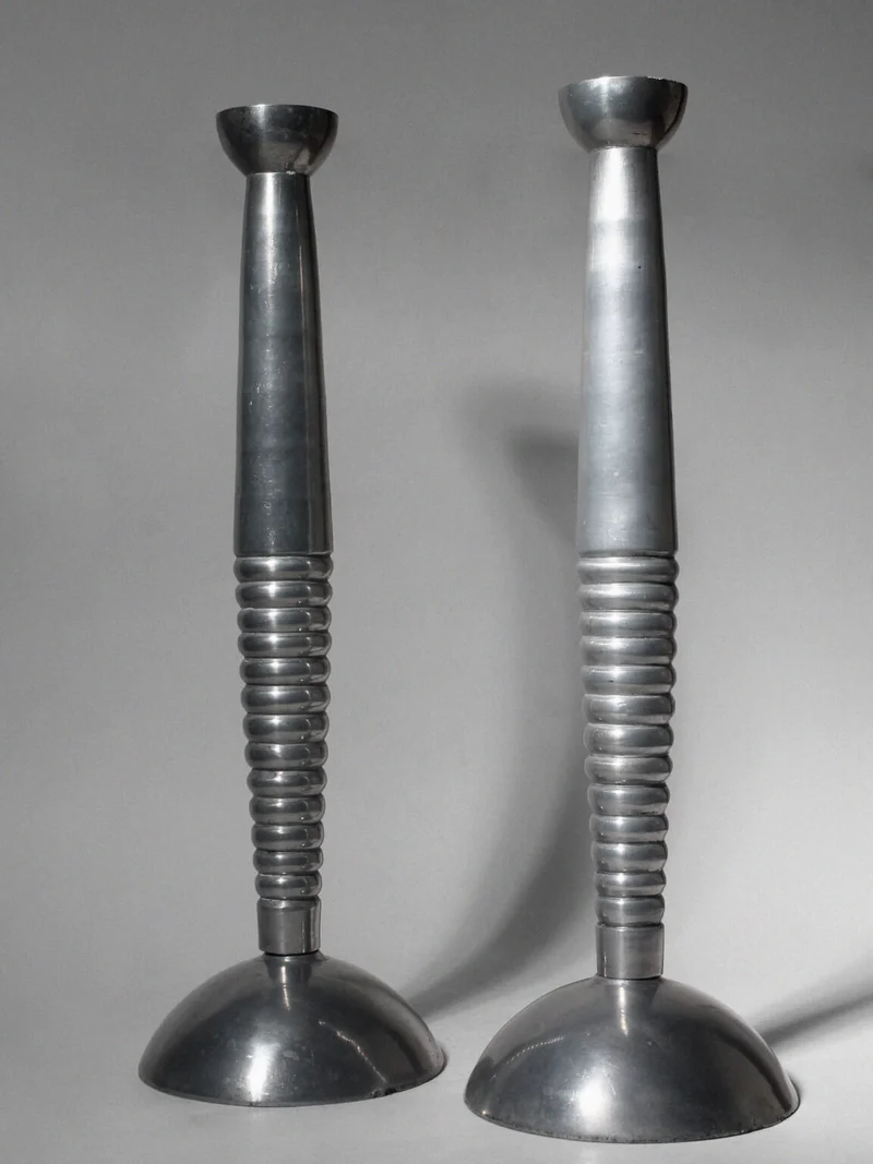 Pair Of Massive Rimmed Aluminum Candle Holders