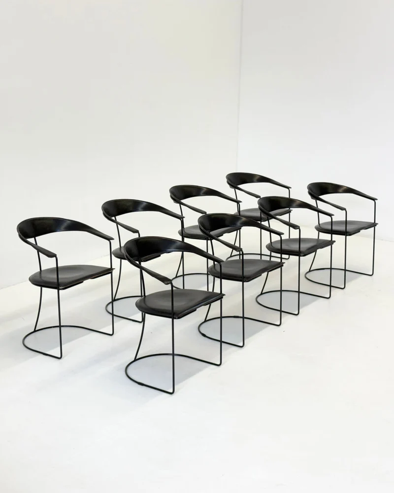 Set of 8 Vintage Arrben Ursala Dining Chairs in Black Leather