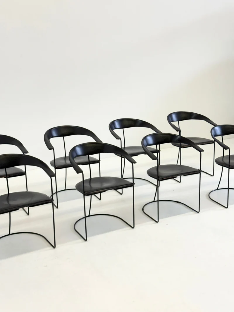 Set of 8 Vintage Arrben Ursala Dining Chairs in Black Leather
