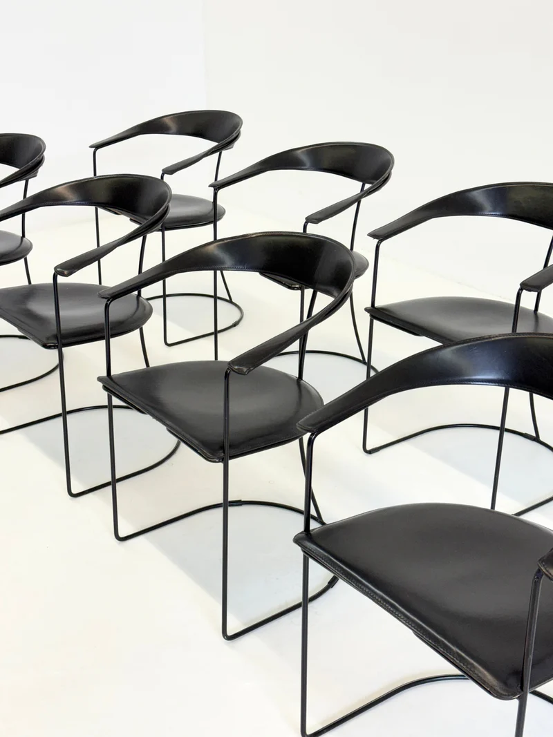 Set of 8 Vintage Arrben Ursala Dining Chairs in Black Leather