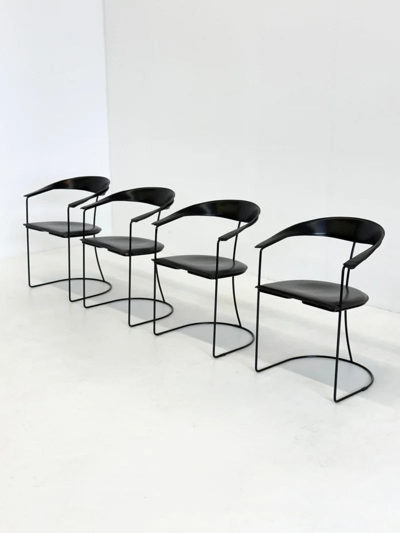 Set of 8 Vintage Arrben Ursala Dining Chairs in Black Leather