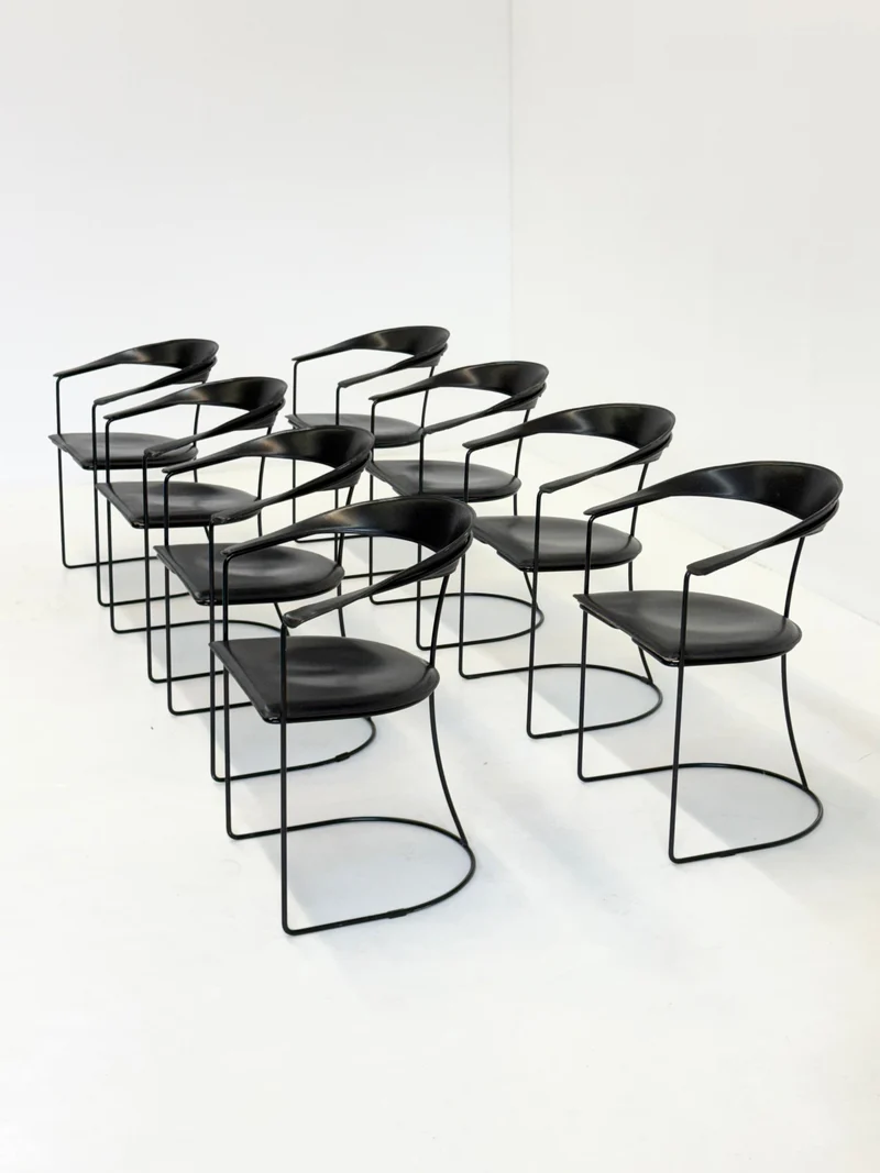 Set of 8 Vintage Arrben Ursala Dining Chairs in Black Leather