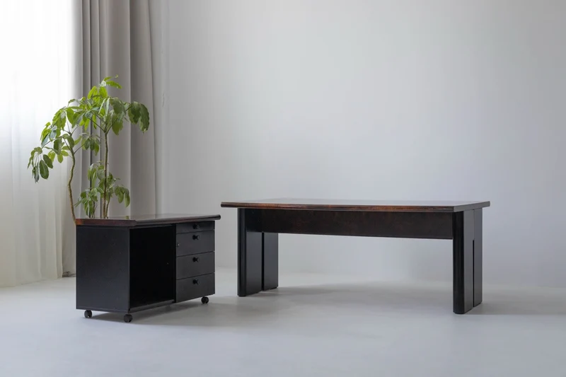 Executive Burlwood Desk and Small Cabinet, 1980s