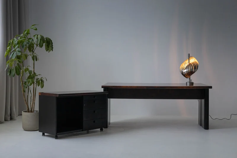 Executive Burlwood Desk and Small Cabinet, 1980s