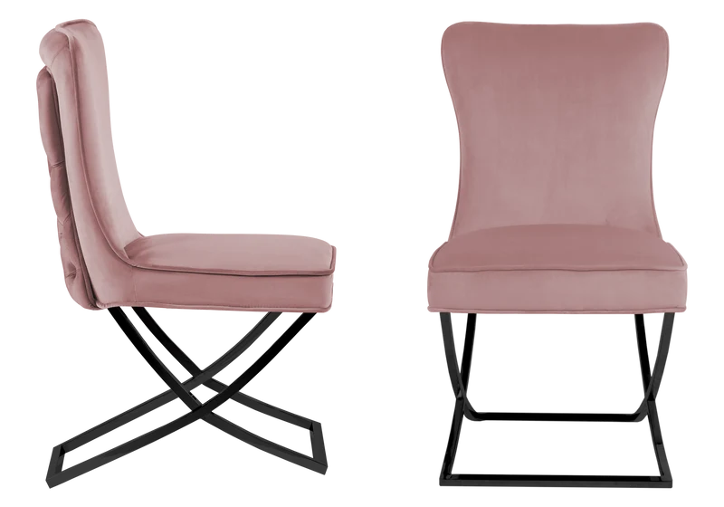 Chaise capitonnée pied croisé noir rose - Enzo x2
