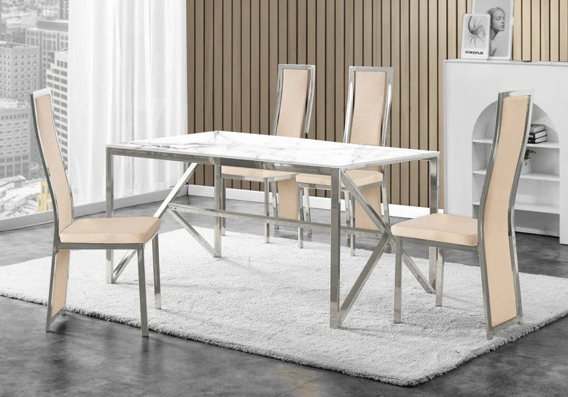 Table marbre blanc et 6 chaises velours argent – Jessy