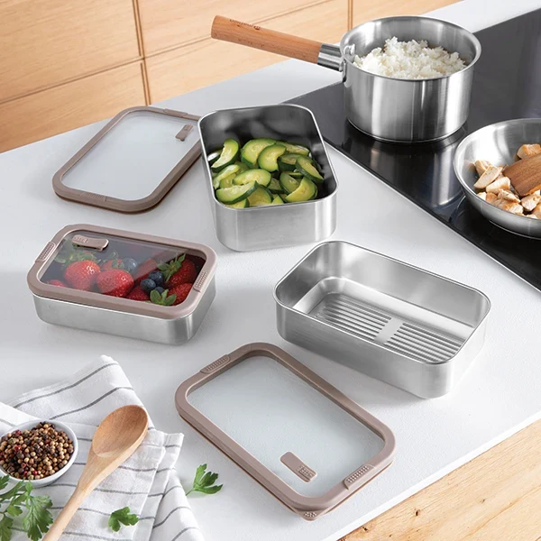 Boîte de conservation rectangulaire en inox avec couvercle en verre 700 ml compatible micro-ondes Mathon