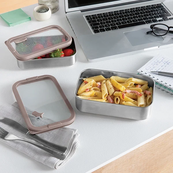 Boîte de conservation rectangulaire en inox avec couvercle en verre 700 ml compatible micro-ondes Mathon