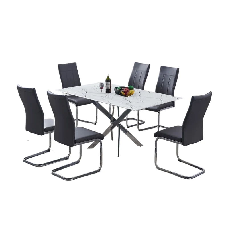 Modern Marble Glass Dining Set with Chrome Legs – Model T-1442