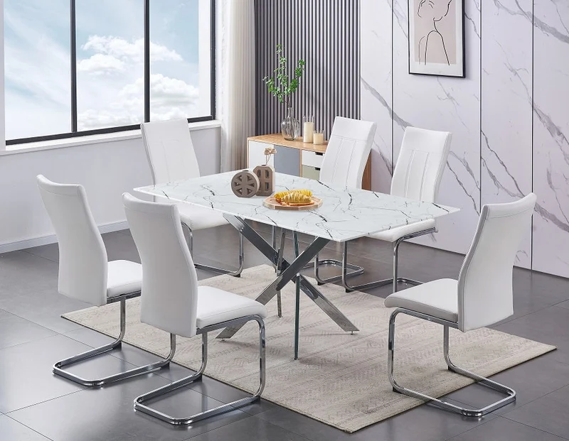 Modern Marble Glass Dining Set with Chrome Legs – Model T-1442