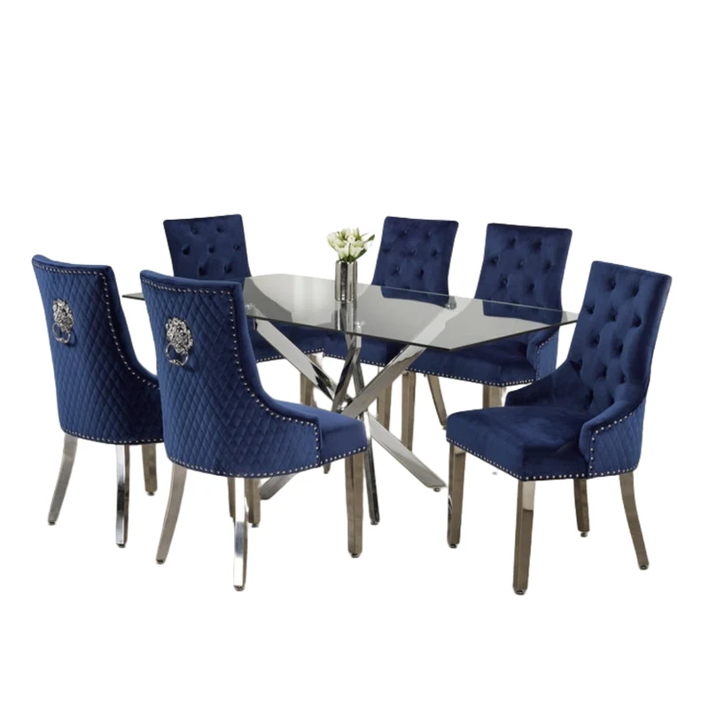 Luxurious Glass Dining Set with Velvet Lion Knocker Chairs – Model T-1448