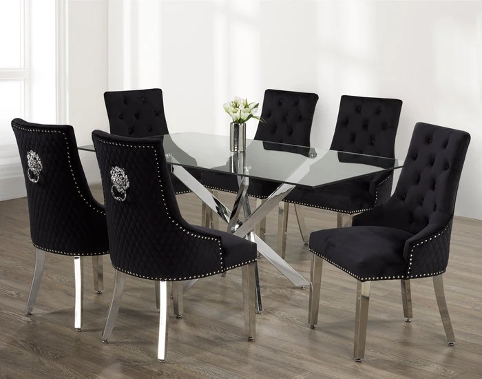 Luxurious Glass Dining Set with Velvet Lion Knocker Chairs – Model T-1448