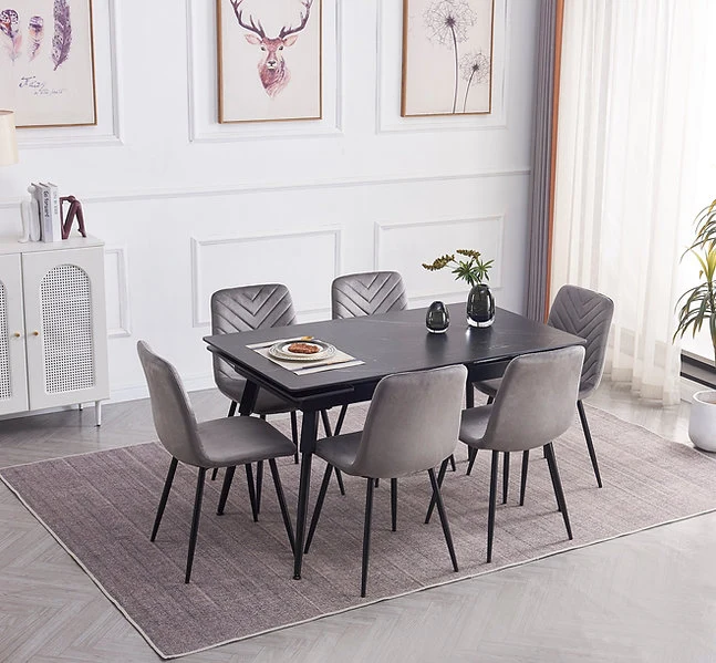 Modern Extension Dining Set with Chevron-Stitched Velvet Chairs – T-1818
