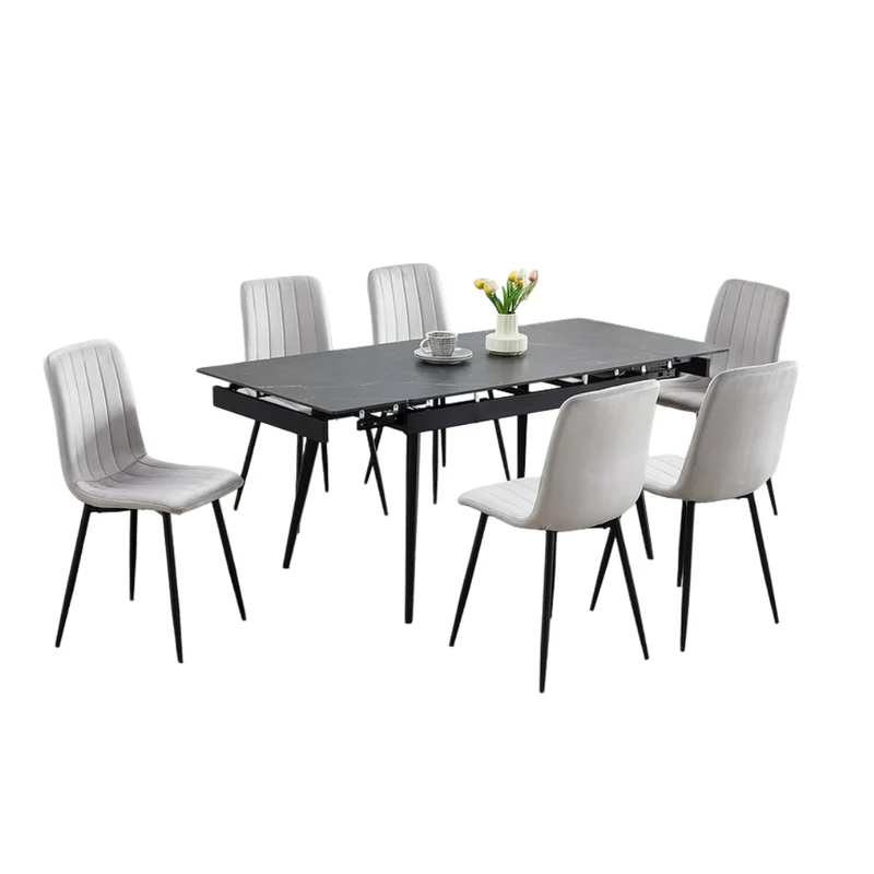 Black Sintered Stone Extension Dining Set with Velvet Chairs – T-1472