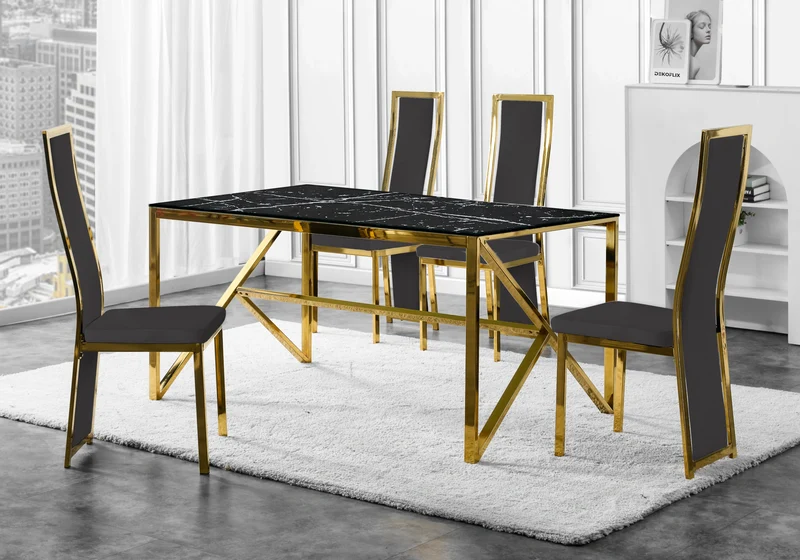 Table marbre noir et 6 chaises velours doré – Jessy