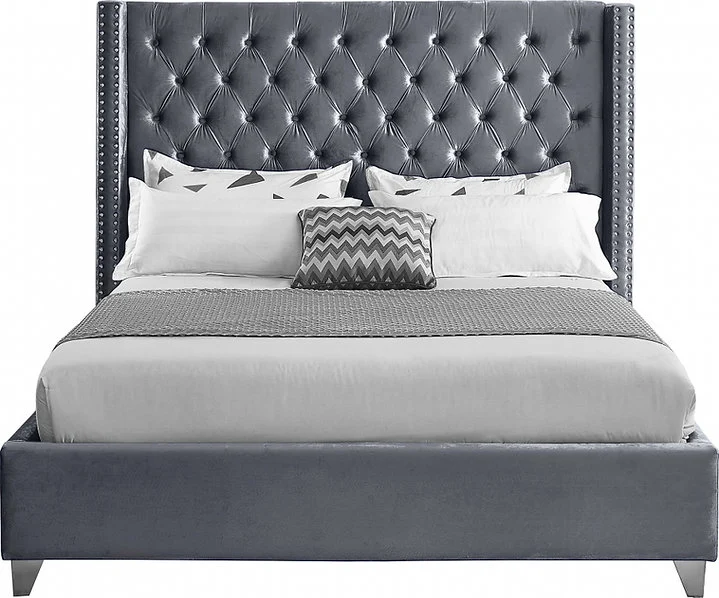 Velvet Fabric Bed with Deep Button Tufting & Nailhead Trim – IF-5892