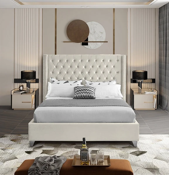 Velvet Fabric Bed with Deep Button Tufting & Nailhead Trim – IF-5892