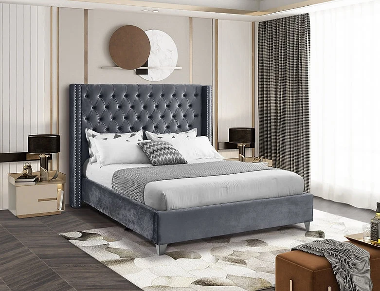 Velvet Fabric Bed with Deep Button Tufting & Nailhead Trim – IF-5892