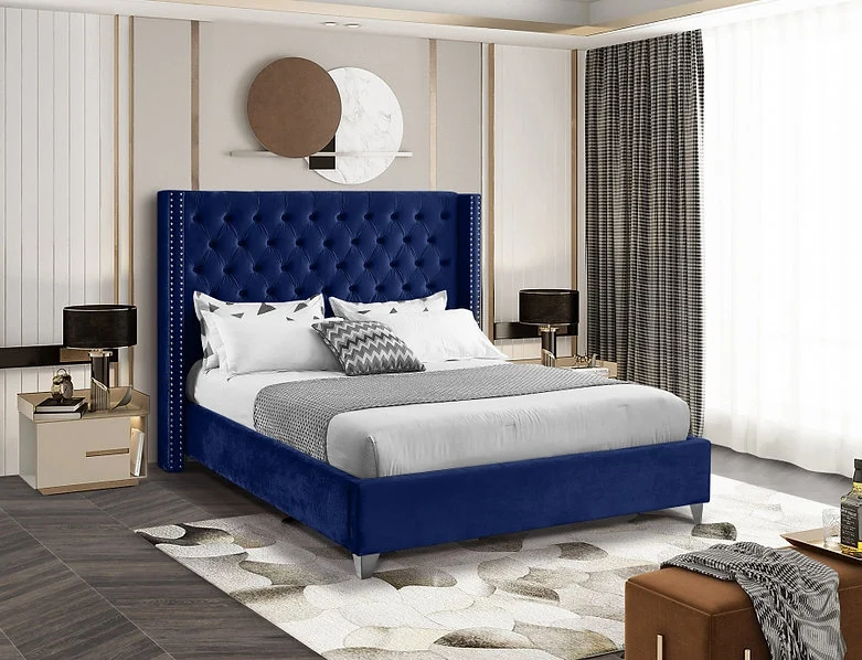 Velvet Fabric Bed with Deep Button Tufting & Nailhead Trim – IF-5892