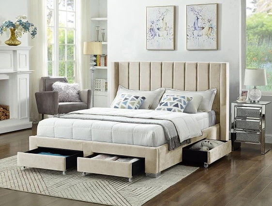Velvet Fabric Wing Bed with Vertical Deep Tufting and Chrome Legs IF-5310