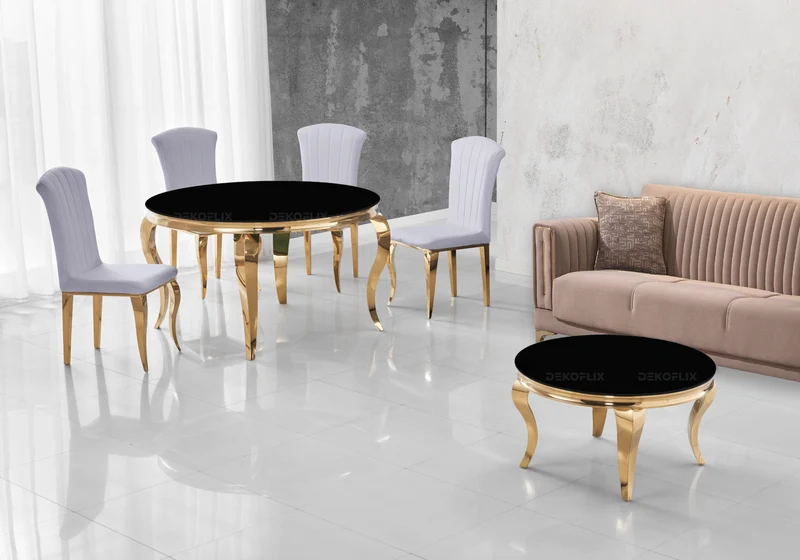 Ensemble salle à manger ronde verre noir et or – Neo