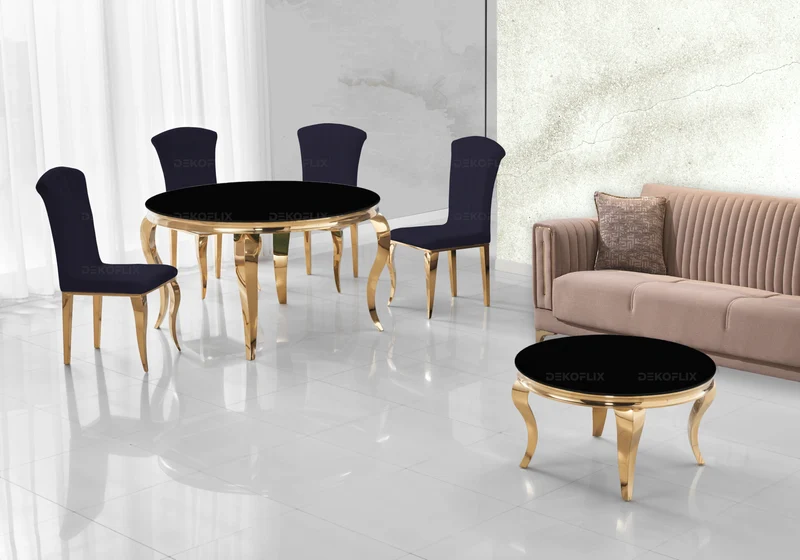 Ensemble salle à manger ronde verre noir et or – Neo