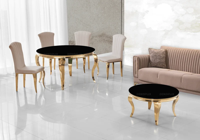 Ensemble salle à manger ronde verre noir et or – Neo