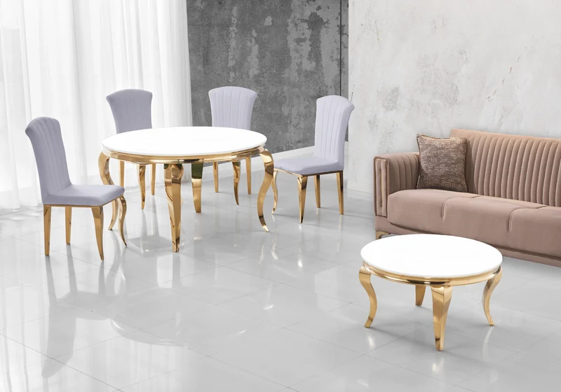 Ensemble salle à manger ronde verre blanc et or – Neo