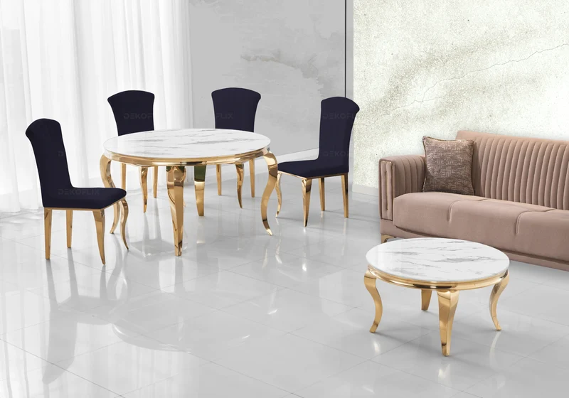 Ensemble salle à manger ronde marbre blanc et or – Neo