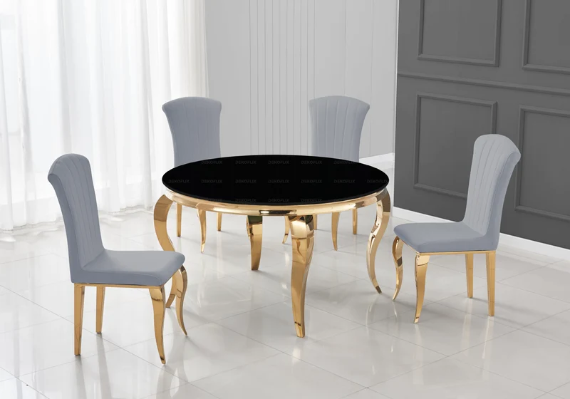 Table à manger ronde verre noir pieds or - Neo
