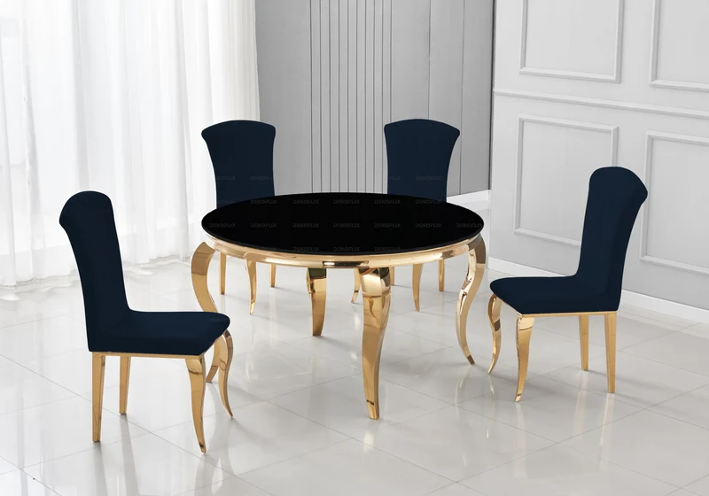 Table ronde verre noir et 4 chaises velours or – Neo