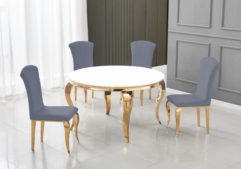 Table ronde verre blanc et 4 chaises velours or – Neo