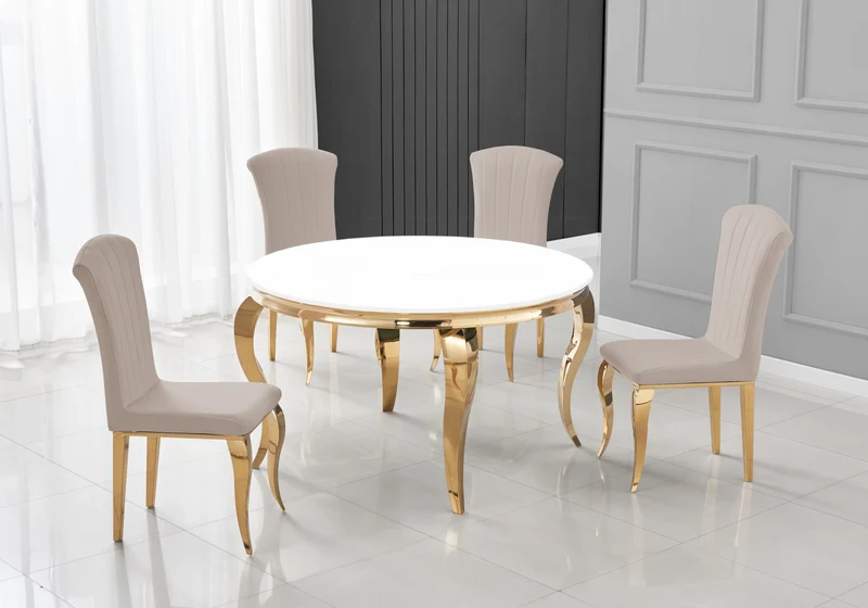 Table ronde verre blanc et 4 chaises velours or – Neo