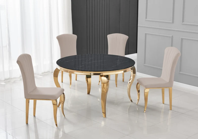 Table ronde marbre noir et 4 chaises velours or – Neo
