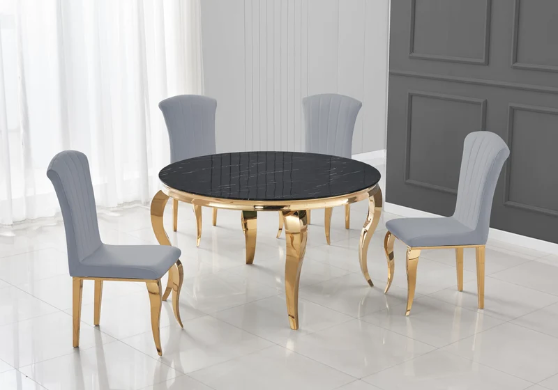 Table ronde marbre noir et 4 chaises velours or – Neo