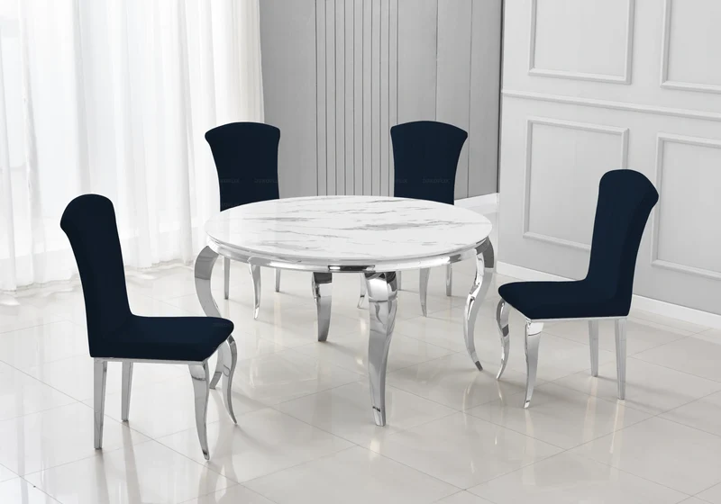 Table ronde marbre blanc et 4 chaises argent – Neo